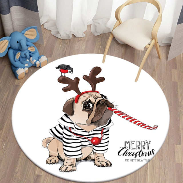 Cartoon Stripes Tshirt Pug Round Carpets For Children’S Room Living Room Rugs Puppy Soft Flannel Floor Area Rug