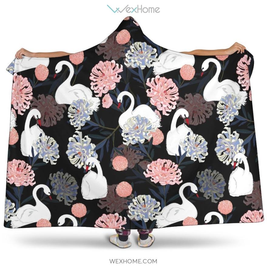 White Swan Blooming Flower Pattern Hooded Blanket