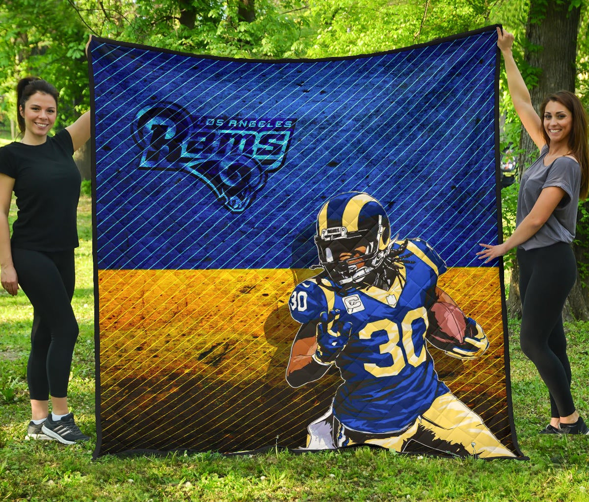 Los Angeles Rams American Football Team Raymond Calais 30 Grab Rugby Ball Running Blue Yellow Premium Quilt Blanket