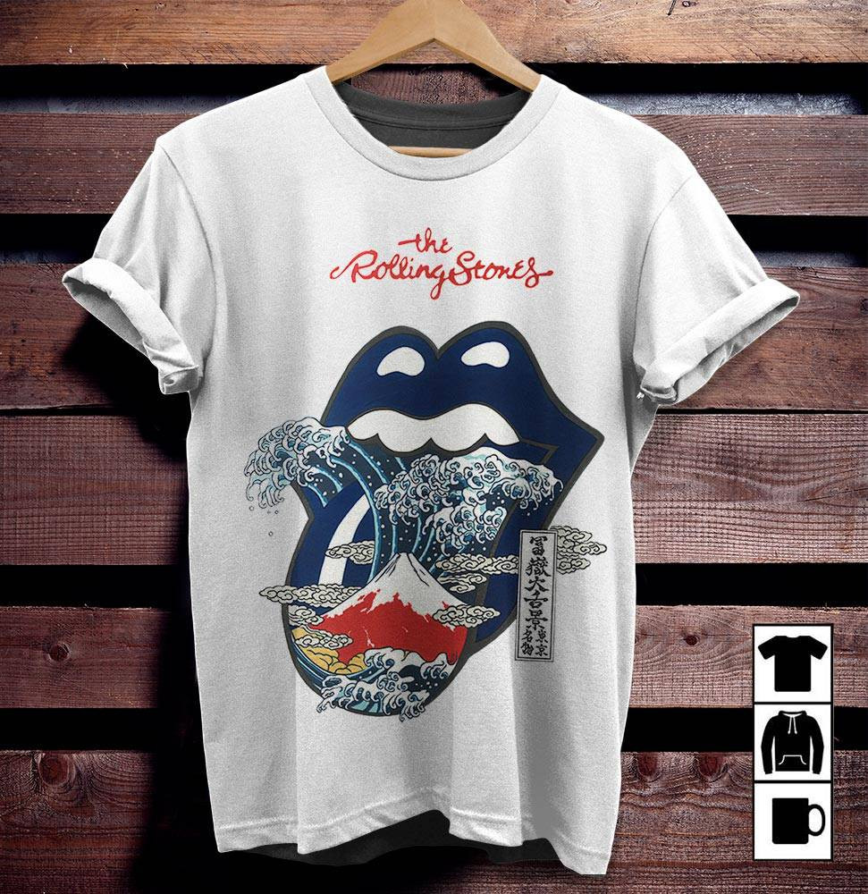 The Rolling Stones Merch Big Tongue Great Wave Fuji Mountain Tattoo Japan Style Tshirt Sweatshirt Hoodie – White