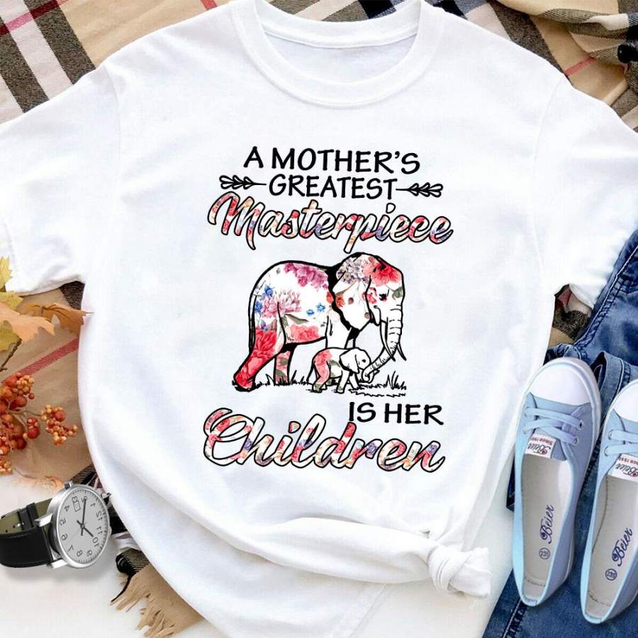 Elephants a mother’s greatest masterpiece is her children flowers white cotton t shirt for men and women S-6XL