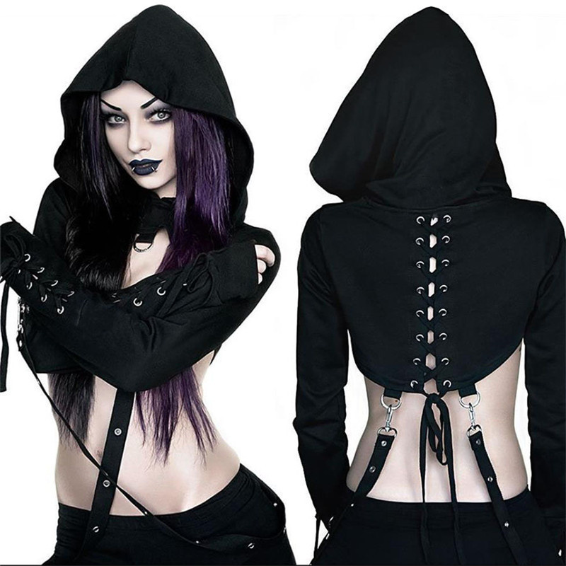 Women’s Sexy Cut Out Crop Top Skeleton Print Gothic Bandage Metal Crop Tops Halloween Hooded Y2k Pullover Sweatshirts alx