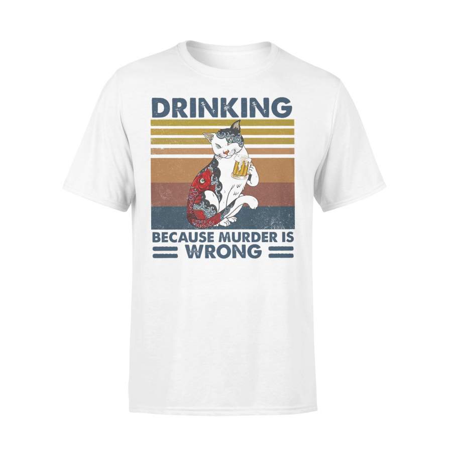 Drinking Beer Because Murder Is  Wrong Cat Tattoo Vintage Retro T-shirt