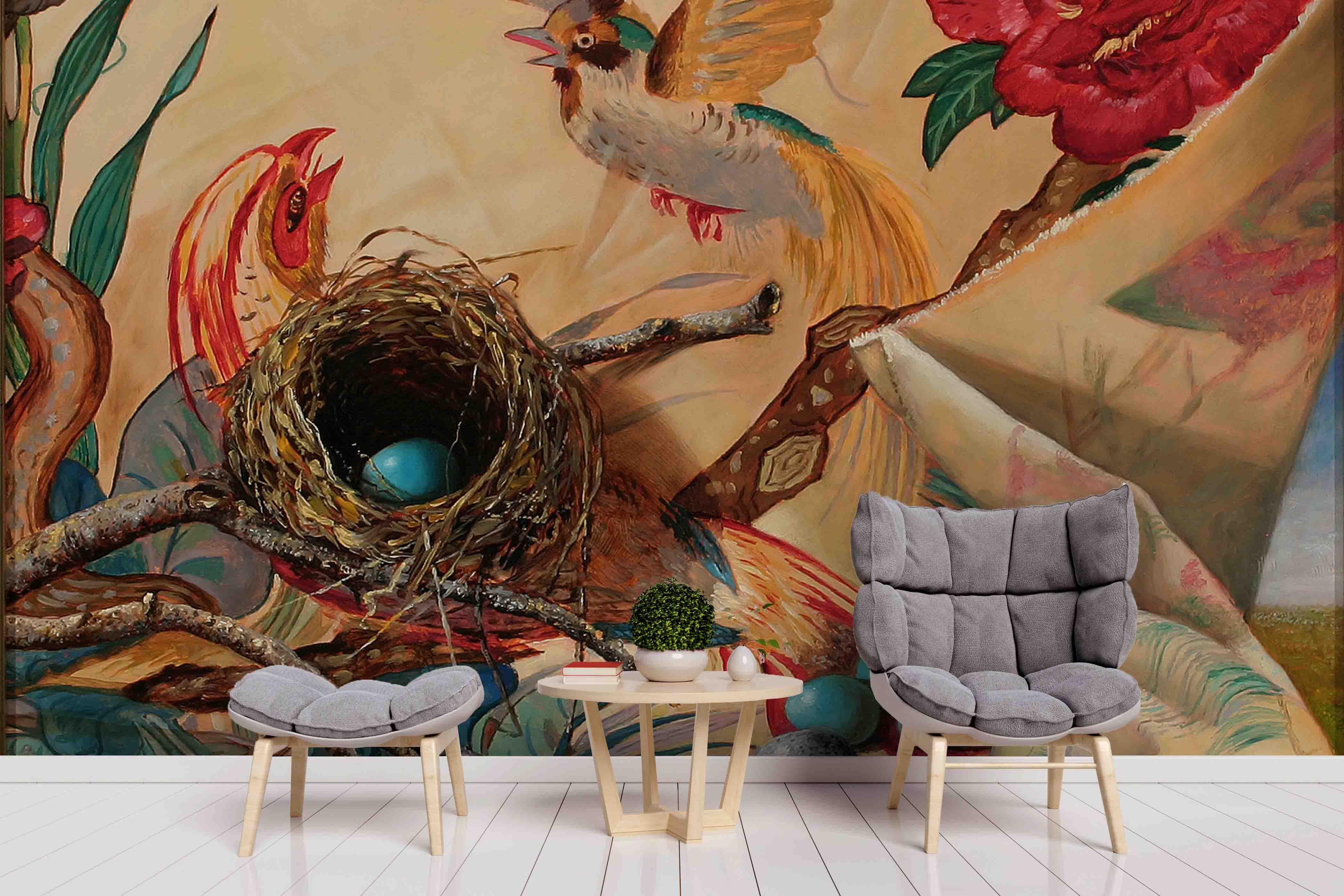 3D Realistic Oil Painting Floral Bird‘S Nest Animal Wall Mural Wallpaper Lxl 1650