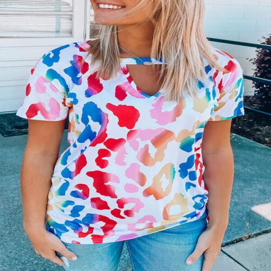 Tie-Dye Leopard Hollow-out Collar T-Shirts