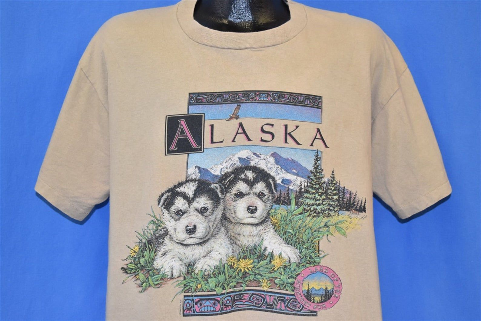 90S Alaska Husky Puppy Dog Land Midnight Sun Mountain T-Shirt Extra