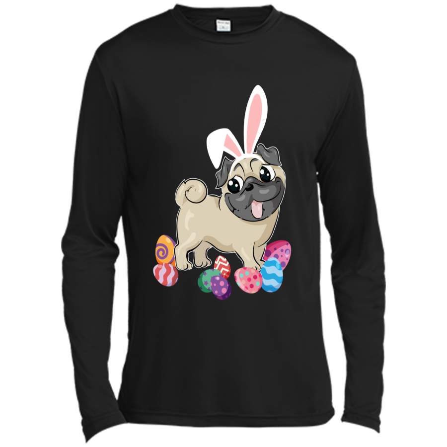 Cute Pug Dog With Bunny Hat Easter Eggs T-Shirt Happy Long Sleeve Moisture Absorbing Shirt