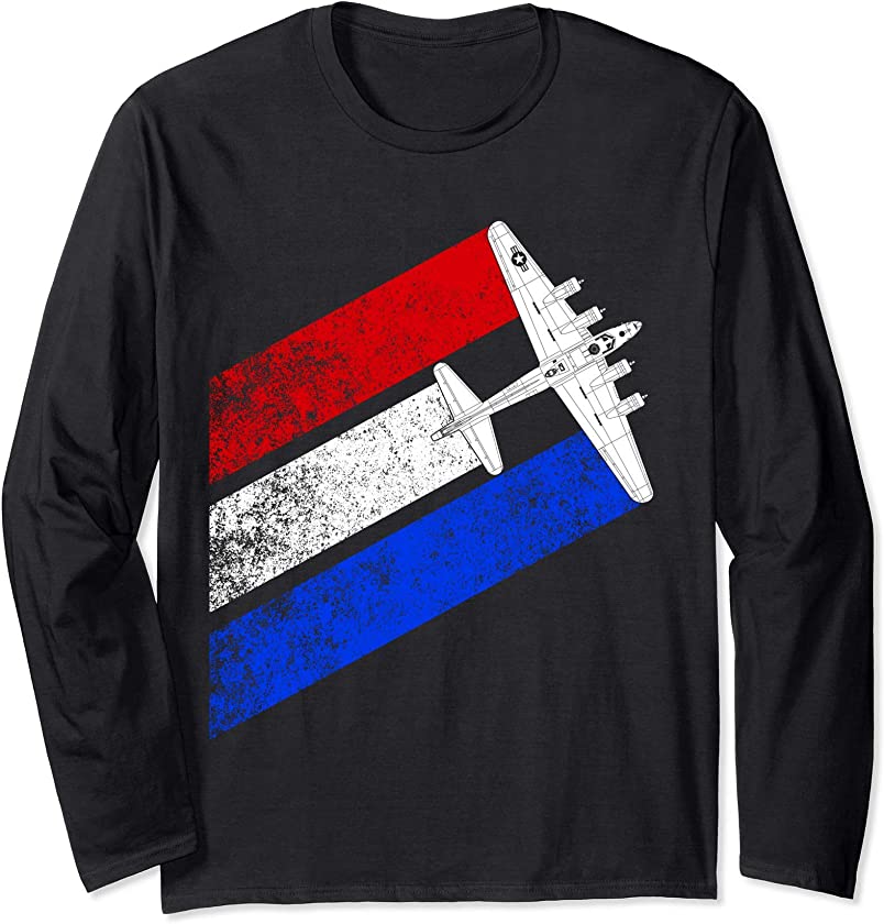 Vintage WW2 B-17 Flying Fortress Schematic American Flag Long Sleeve T-Shirt