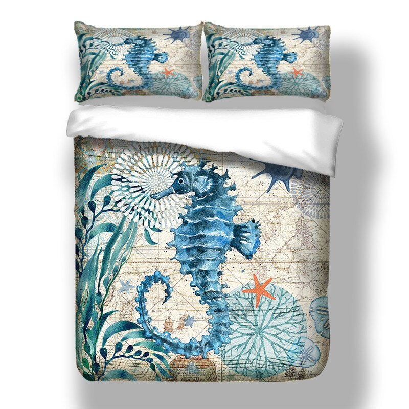 3D Sea Horse Dolphin Printed Bedding Set Kids Cartoon King Queen Size Whale Turtle Duvet Cover Bedspread With Pillowcase