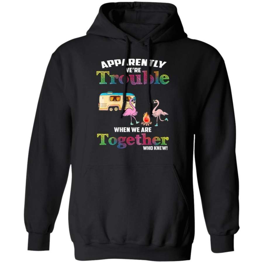 Womens Apparently We’re Trouble When We Are Together Flamingo Camp V-neck Hoodie