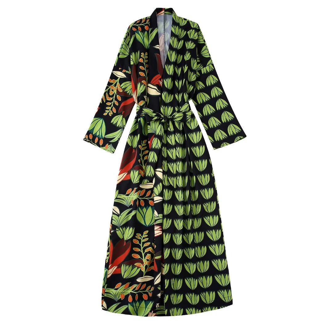 Zevity Women Vintage Leaves Patchwork Print Casual Loose Belt Midi Dress Female Chic Long Sleeve Kimono Style Vestidos DS2132 alx