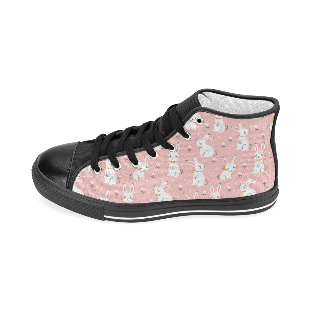 Cute White Rabbit Flower Pink Background Men’S High Top Canvas Shoes Black Gift For Men Women