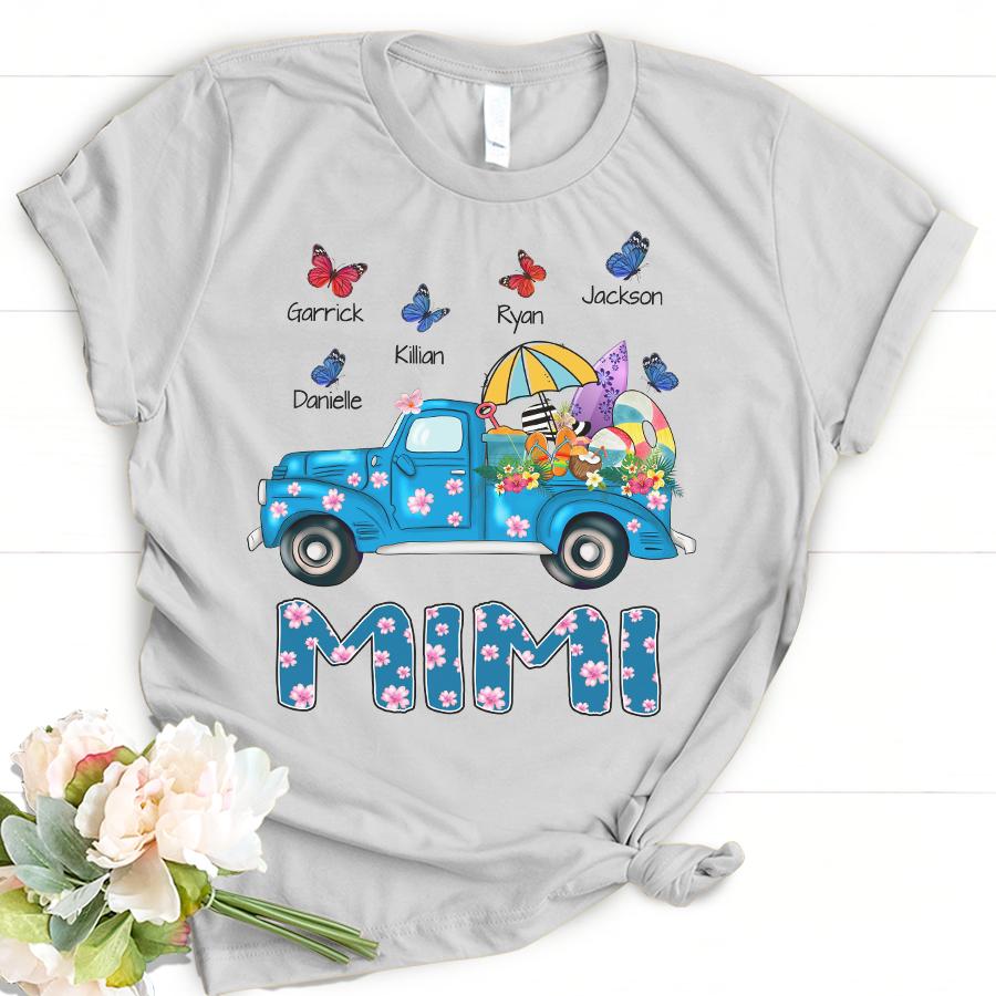 Personalized Mimi With Grandkids Name Truck Butterfly T-Shirt Women