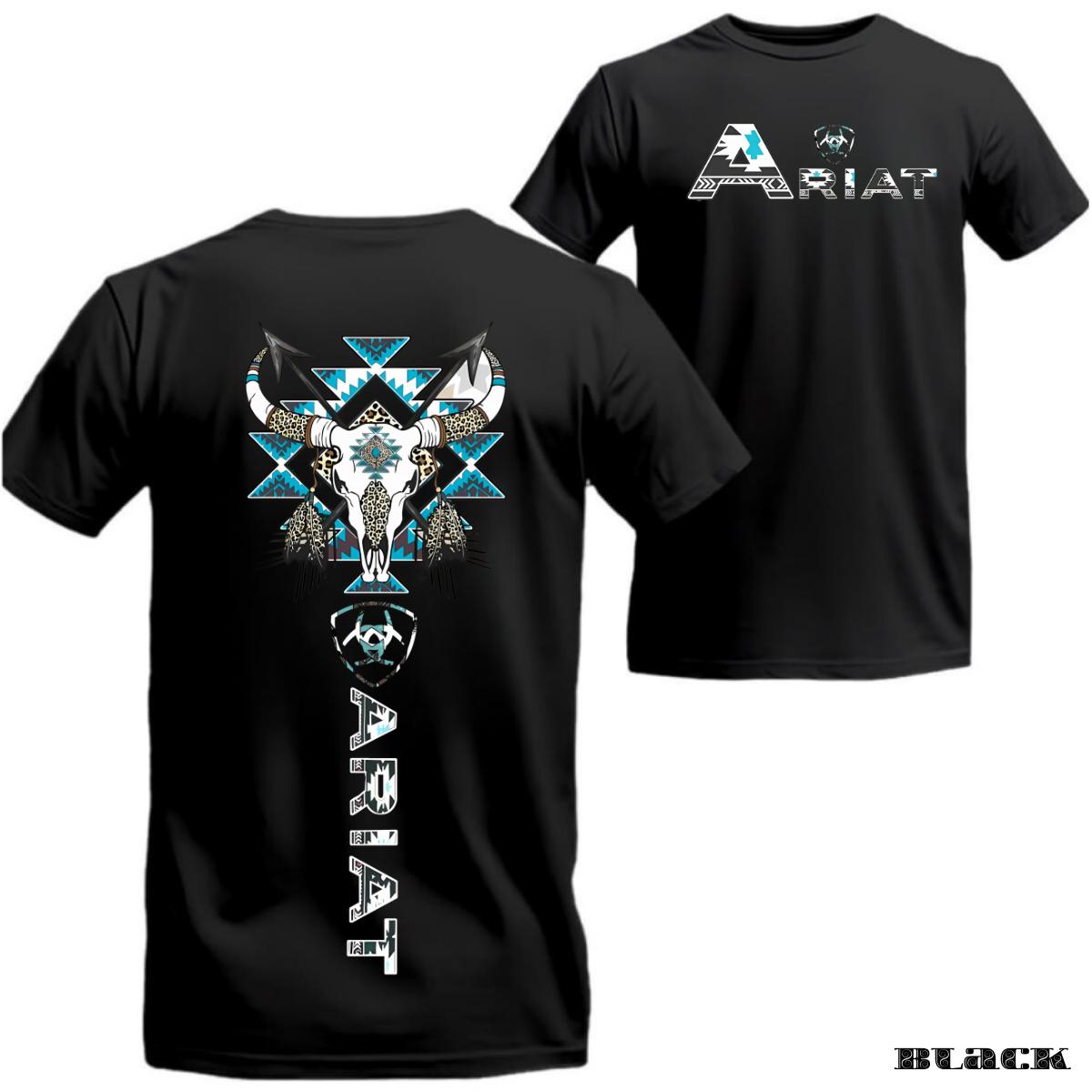 Ariat T-Shirt – Western Tribal Bull Skull Graphic, Turquoise Accents – Unisex, Soft Cotton, Relaxed Fit, Short Sleeve, Machine Washable – Rodeo Style – Streetwear – Gift for Cowboy Lovers
