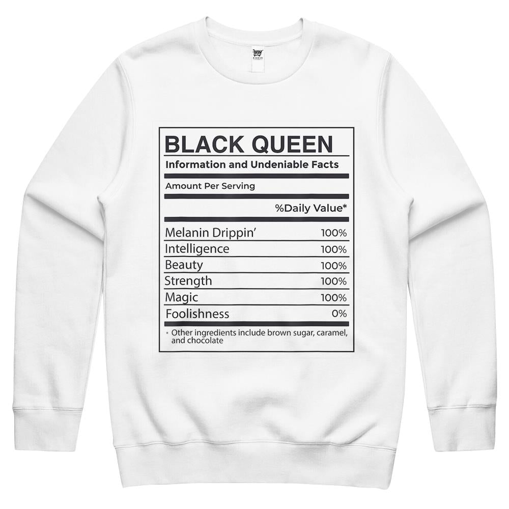 Nutritional Facts Shirt, Nutritional Facts Crewneck Sweatshirt, Black Queen Nutrition Facts, Black Queen Nutritional Information Facts Melanin Meme Crewneck Sweatshirt