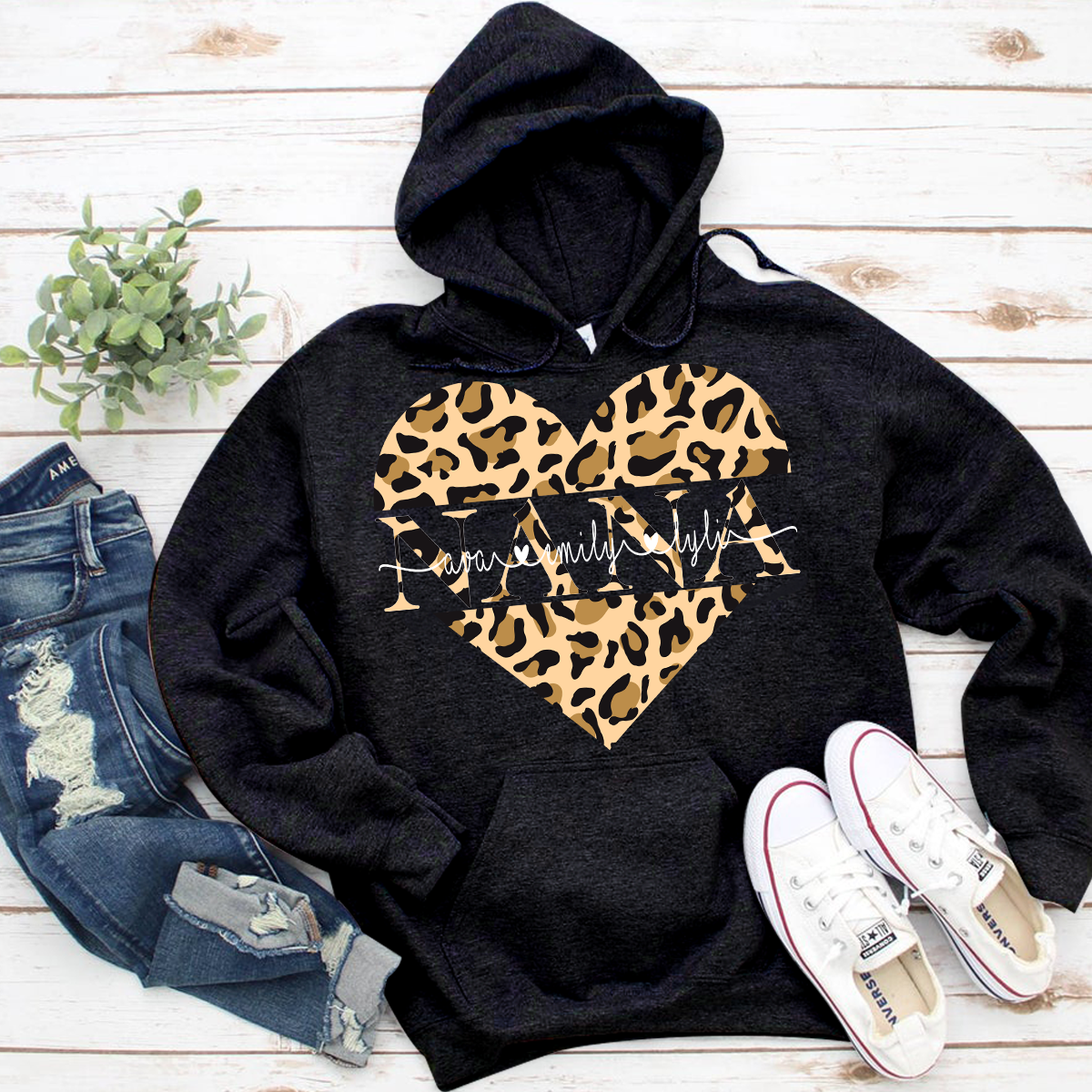 Nana Heart – Leopard  Personalized Hooded Sweatshirt