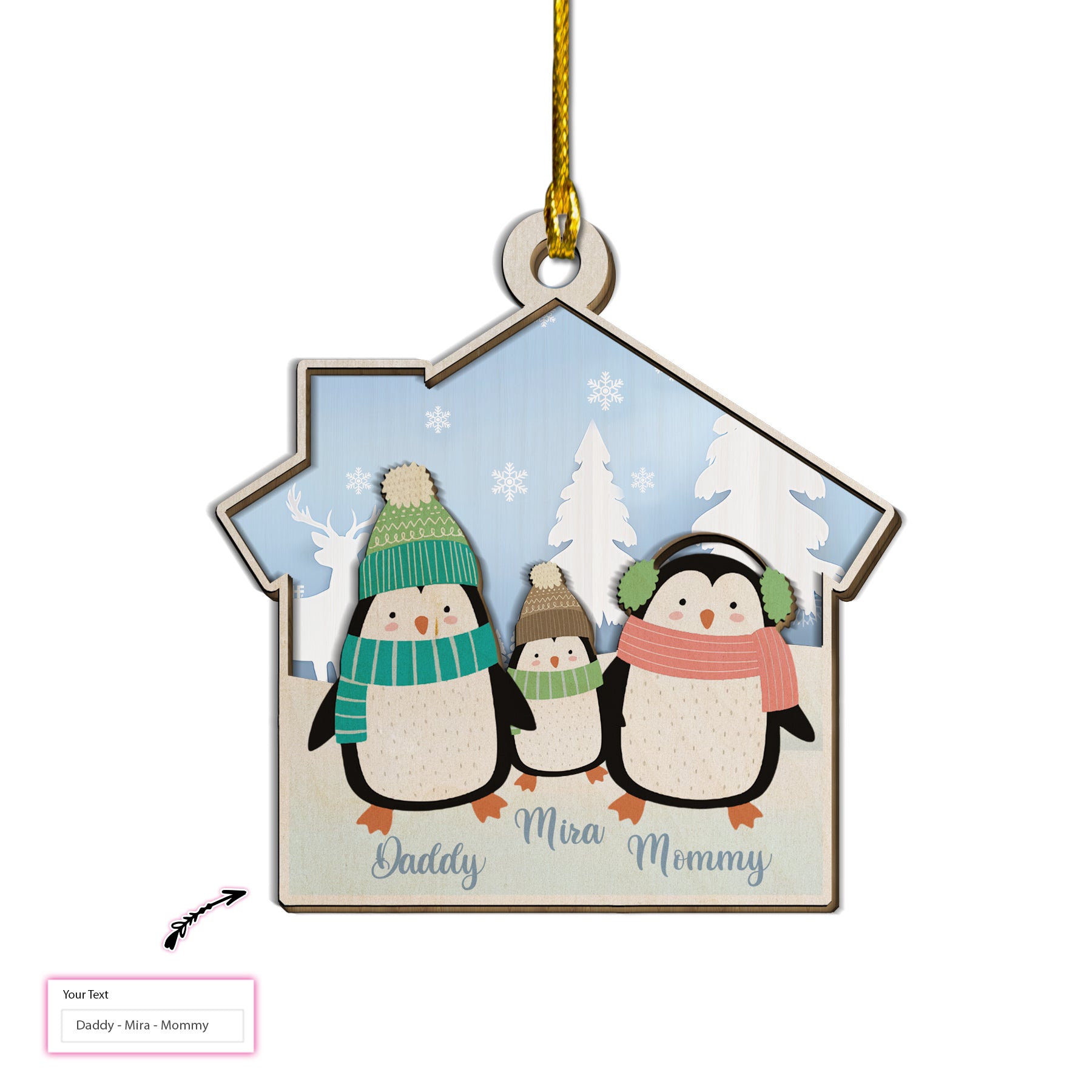 Our First Christmas Penguin Family Custom Layered Wood Ornament, Personalized First Christmas Gift For Family