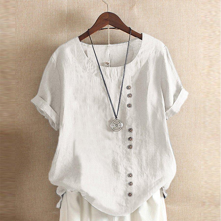 Ladies Retro Solid Color Loose Casual Cotton Linen Shirt