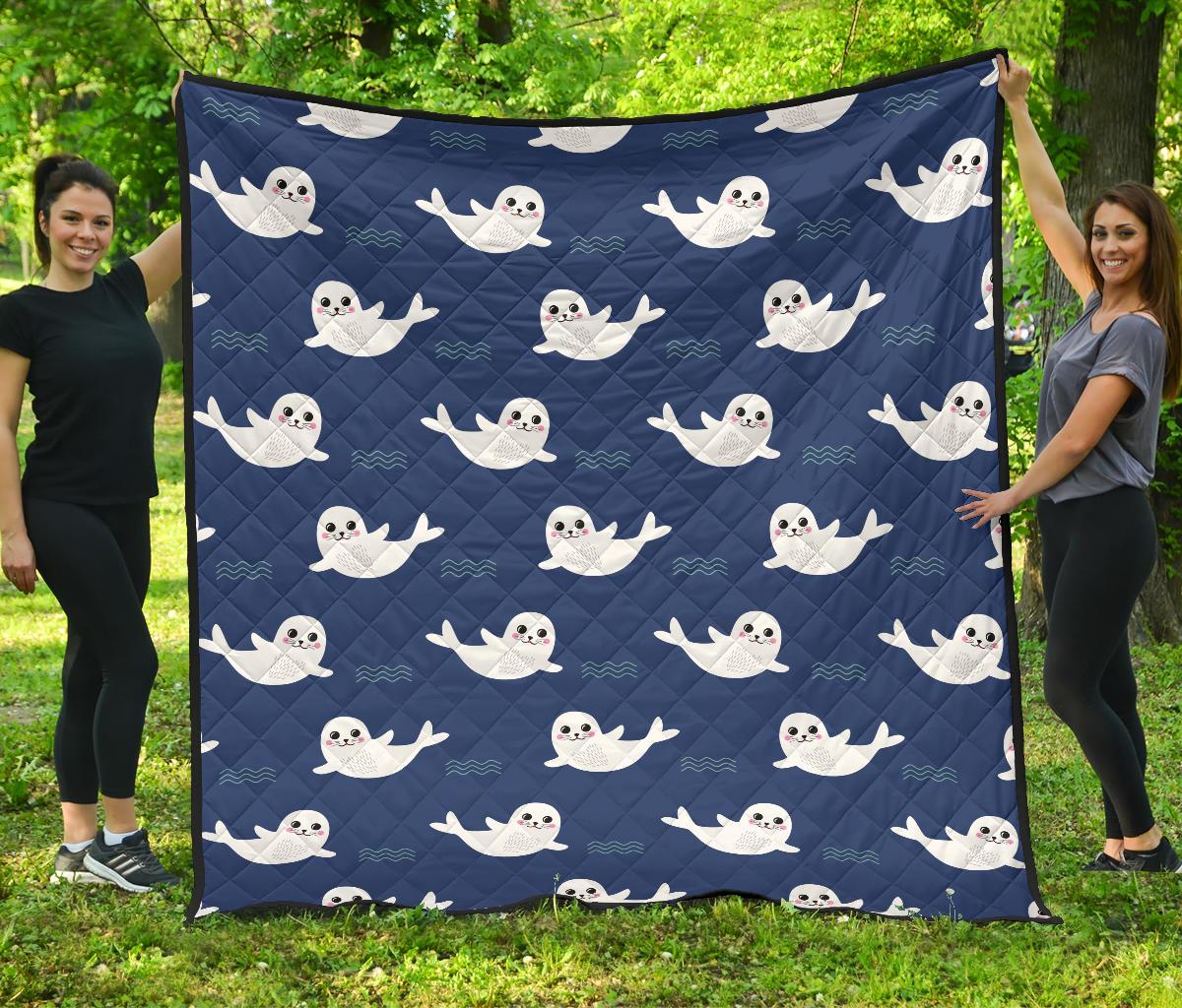 Cute White Baby Sea Lion Seal Pattern Premium Quilt