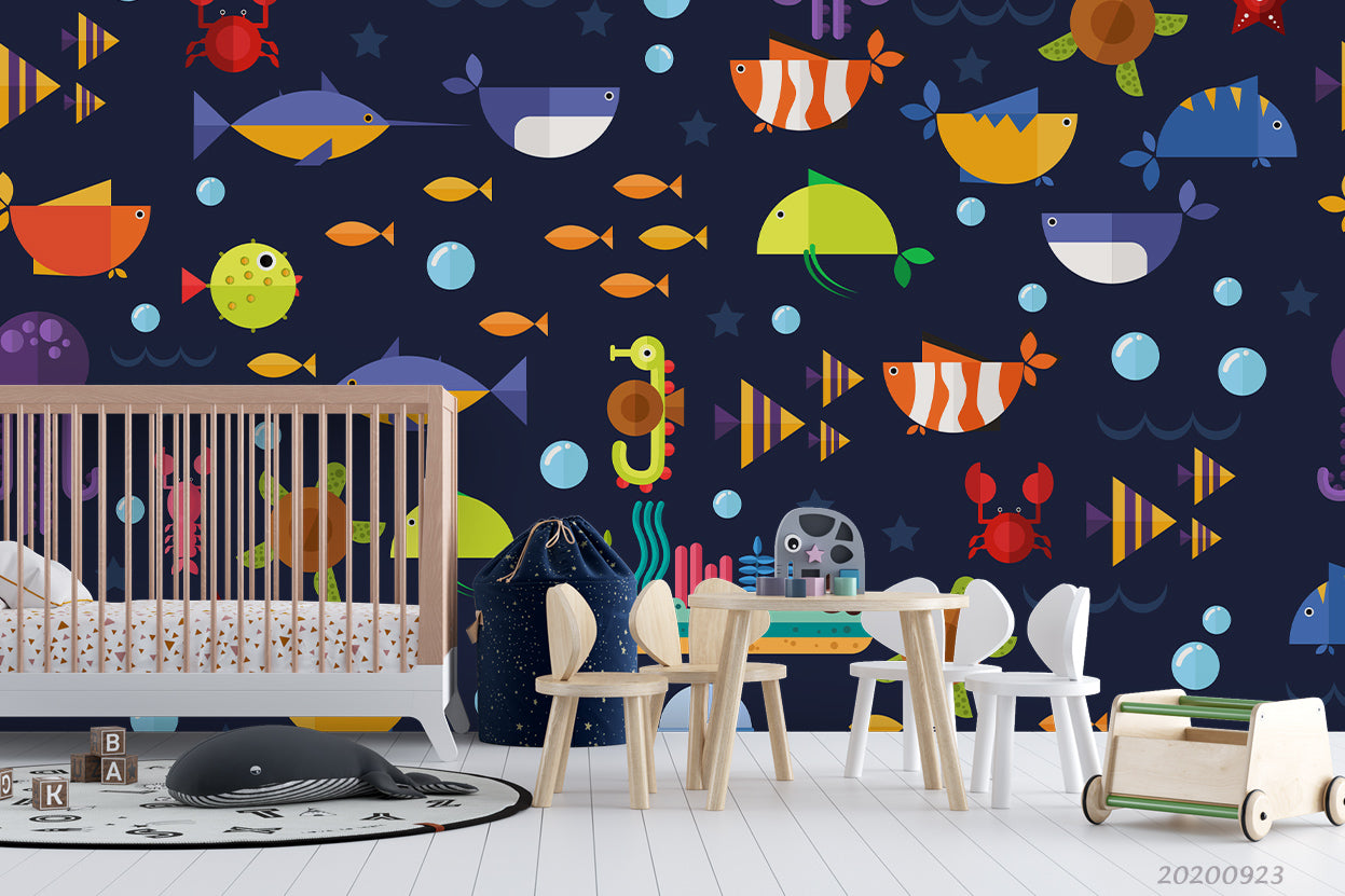 3D Cartoon Pattern Underwater Animals Wall Mural Wallpaper Wj 3195