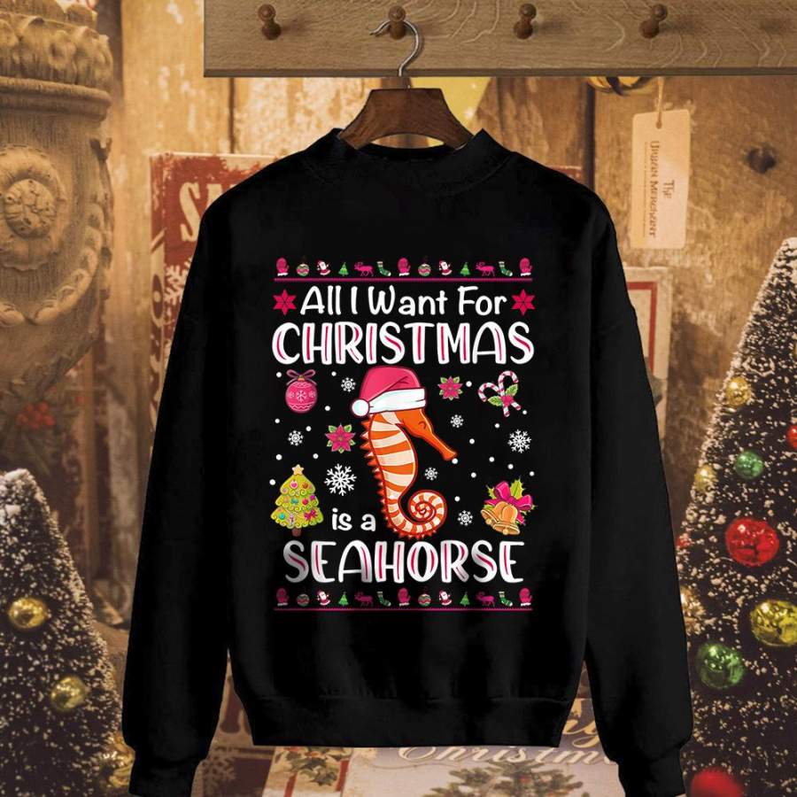 Seahorse all i want is a seahorse for christmas santa hat candy cane ornament black sweatshirt for men and women S-5XL