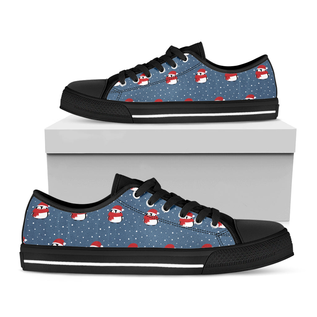 Christmas Snowy Penguin Pattern Print Black Low Top Shoes