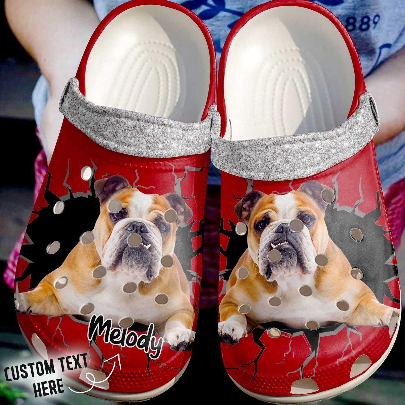 Bulldog Personalized Clog, Custom Name, Text Crack Wall Bulldog, Fashion Style For Women, Men, Kid, Print 3D