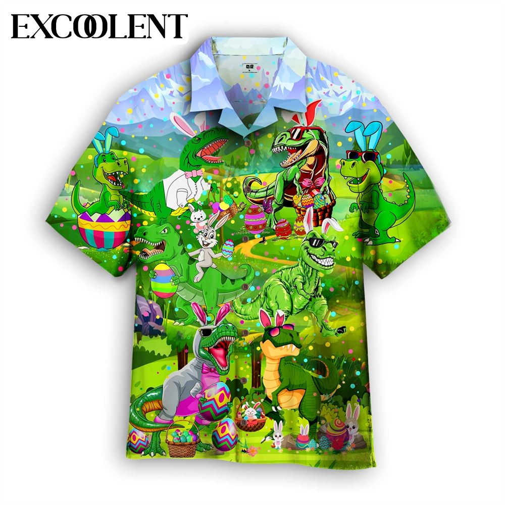 T Rex With Bunny Eggs Happy Easter Day Aloha Mens Hawaiian Shirt – Easter Shirts For Adults – Easter Gift