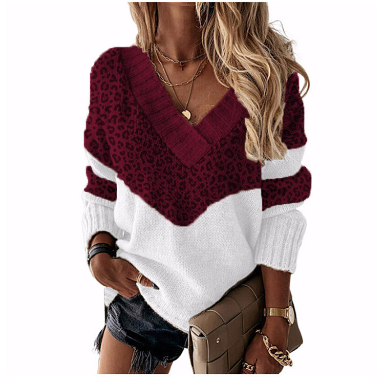 2022 Autumn Winter V-neck Women’s Pullover Leopard Striped Vintage Long Sleeve Knit Top Korean Fashion Pink Women Sweater Jersey alx