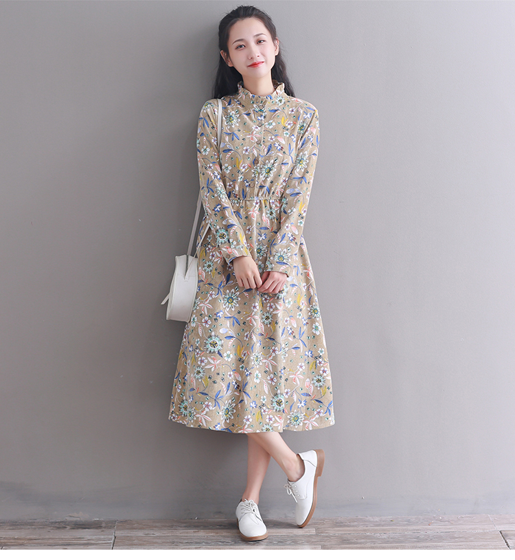 Autumn winter corduroy dress 2018 new fashion long sleeve vintage floral printing dress alx