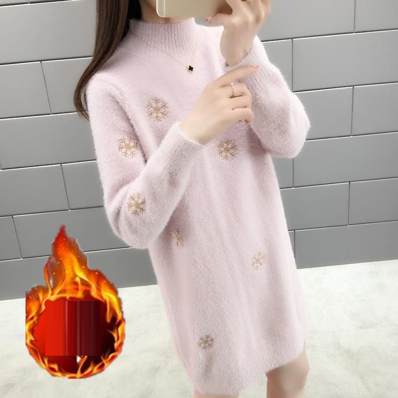 Women Winter Mink Cashmere Snowflake Embroidered Long Sweater Dress Vintage Pullovers Casual Warm Lady Long Sleeve Knitted Tops alx