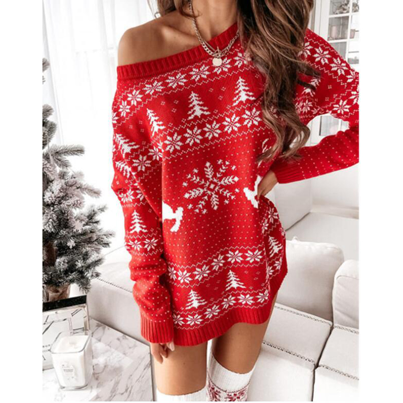 y2k Women Christmas Dress Snowflake Fawn Print Sweater Jacquard Knitted Loose Fit Long Sleeve O-neck Dress Autumn Winter Dresses alx