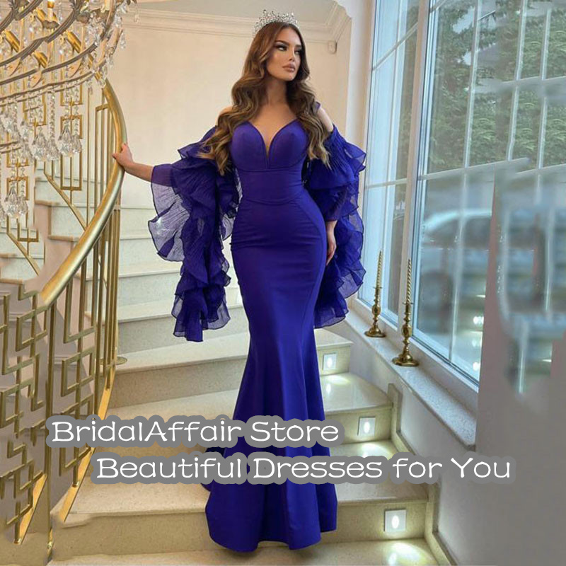 BridalAffair Taffeta Arabic Mermaid Evening Dresses Long Sleeves Satin Tiered Prom Gowns Dubai Formal Special Party Dress alx