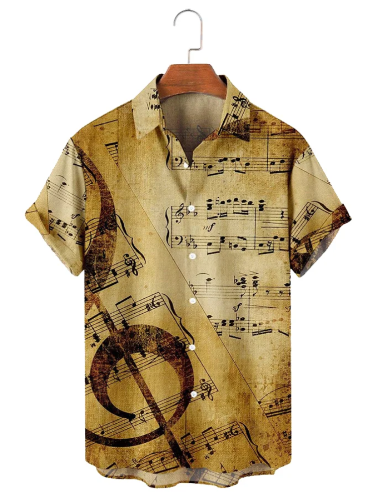 Men’S Simple Retro Sheet Music Violin Print Casual Shirt