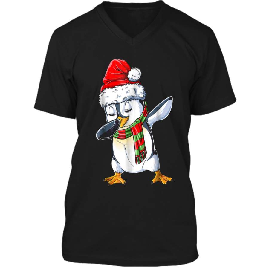 Dabbing Penguin Santa Christmas Girls Boys Kids Gift Mens Printed V-Neck T