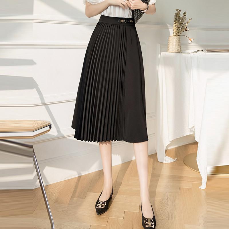 Women Summer High Waist Pleated Skirts New Arrival 2021 Fashion Korean Style Solid Color Ladies Elegant A-line Long Skirt W429 alx