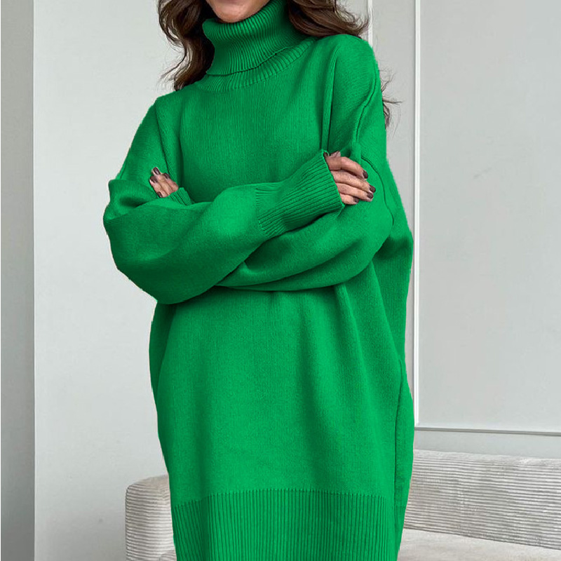 2022 Autumn Winter Knitted Sweater Dress Women Casual Oversized Women’s Long Sweaters Solid Green Turtleneck Sweater for Female alx