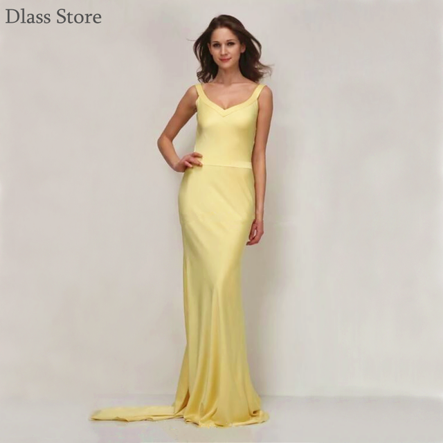 2022 New Simple Prom Dress Star Formal Sexy Backless Satin Gold Mermaid Sweep Train Evning Gown V-neck robe de soirée de mariage alx