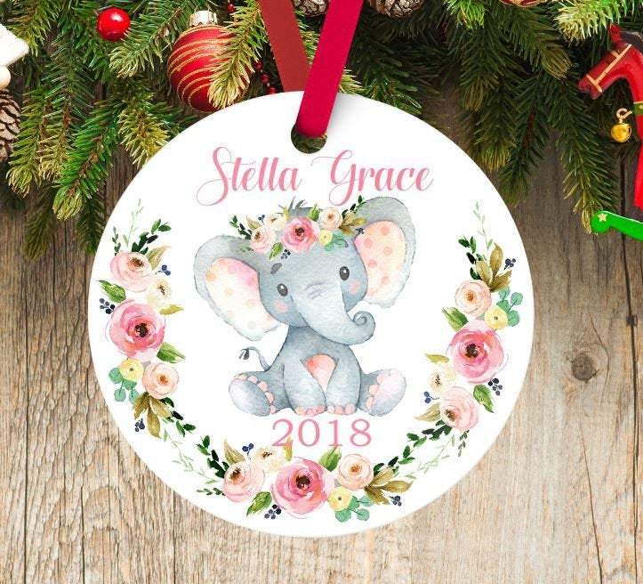 Baby Christmas Ornament Elephant Personalized Floral Baby Girl 1St First Christmas Shower Gift New Baby Holiday Floral Ornament Flowers