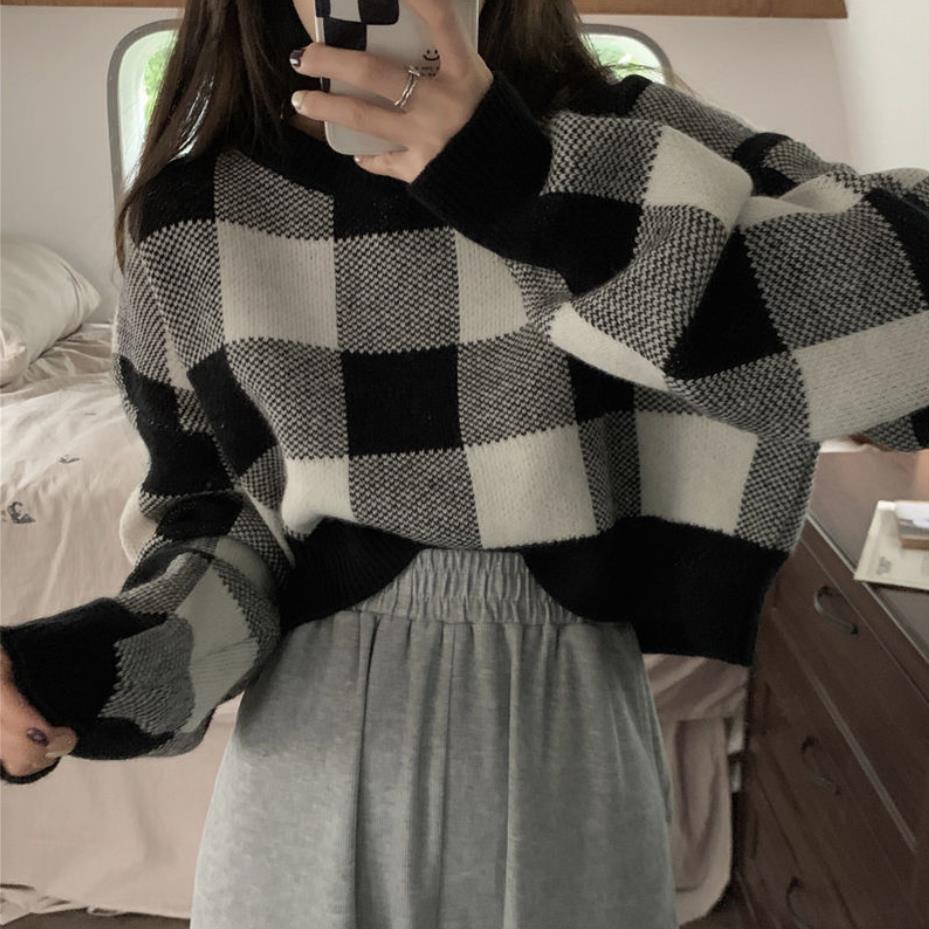 Cropped Sweater Korean O-neck Plaid Printing Preppy Style Pullover Sweater Women Simple Sweet Sweaters For Women Student Sweater alx