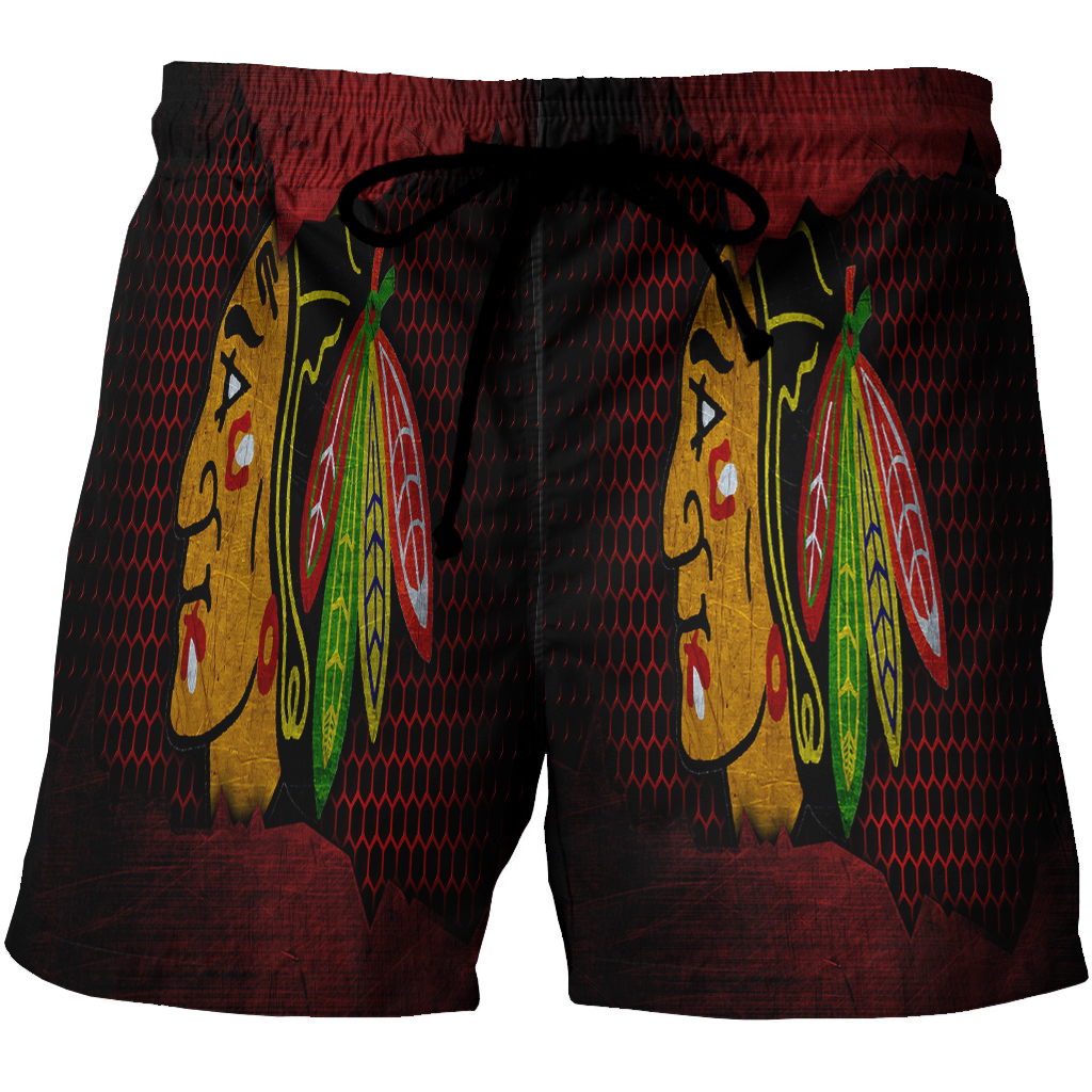 Chicago Blackhawks Emblem Texture Metal 3D All Over Print Summer Beach Hawaiian Short