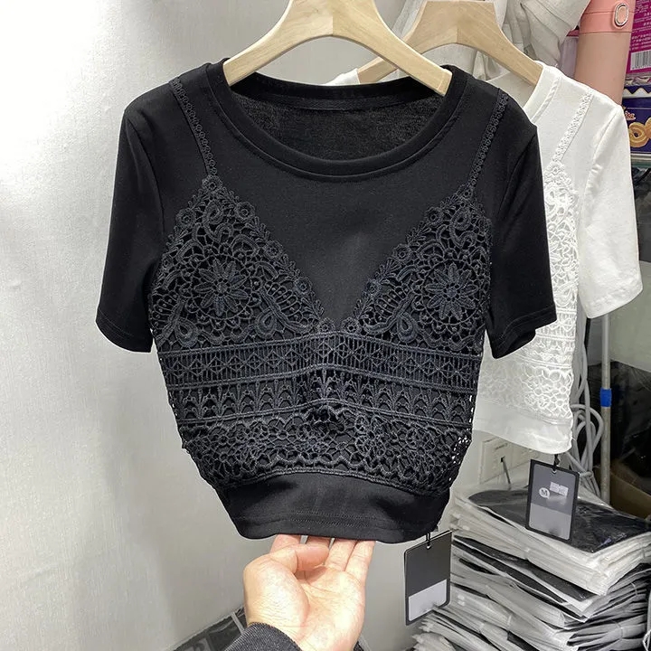 2022 Korean Fashion Summer Pullovers Casual Round Collar Temperament Slim Stitching Vintage Short Sleeve Oversized Women Sweater alx