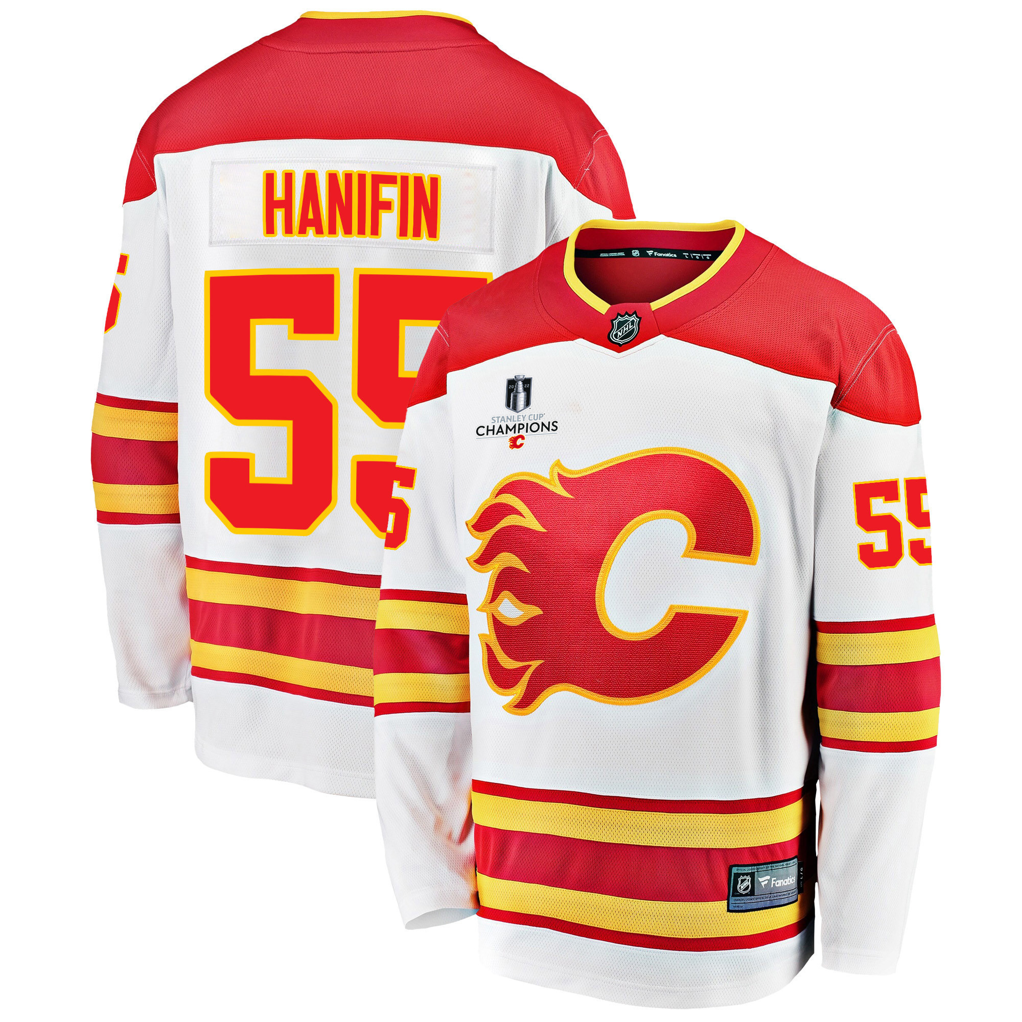 Calgary Flames Noah Hanifin 55 Away 2022 Stanley Cup Champions Breakaway Men Jersey – White