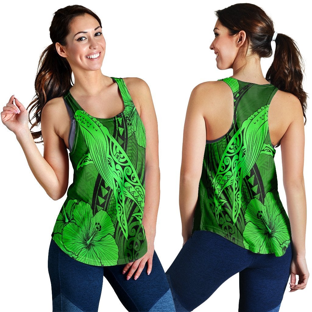 Hawaiian Map Whale Swim Hibiscus Polynesian Racerback Tank – Green