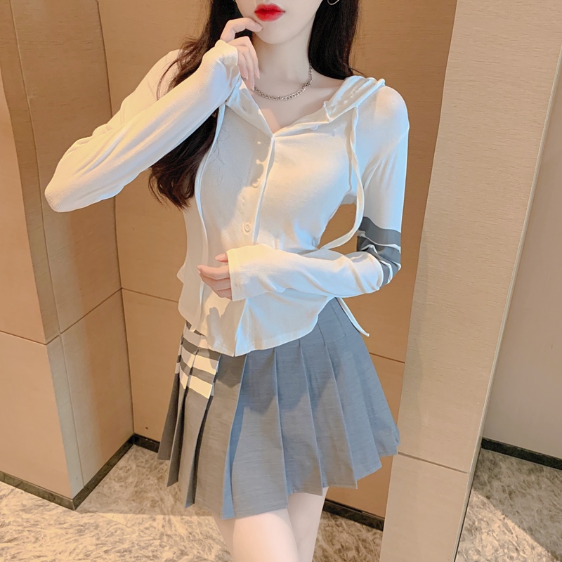 V-Neck Women’S Autumn New Fashion Hooded Cardigan Comfy Long Sleeve Jacket Beautiful Pleated Solid Color Skirt Two-Piece Set alx