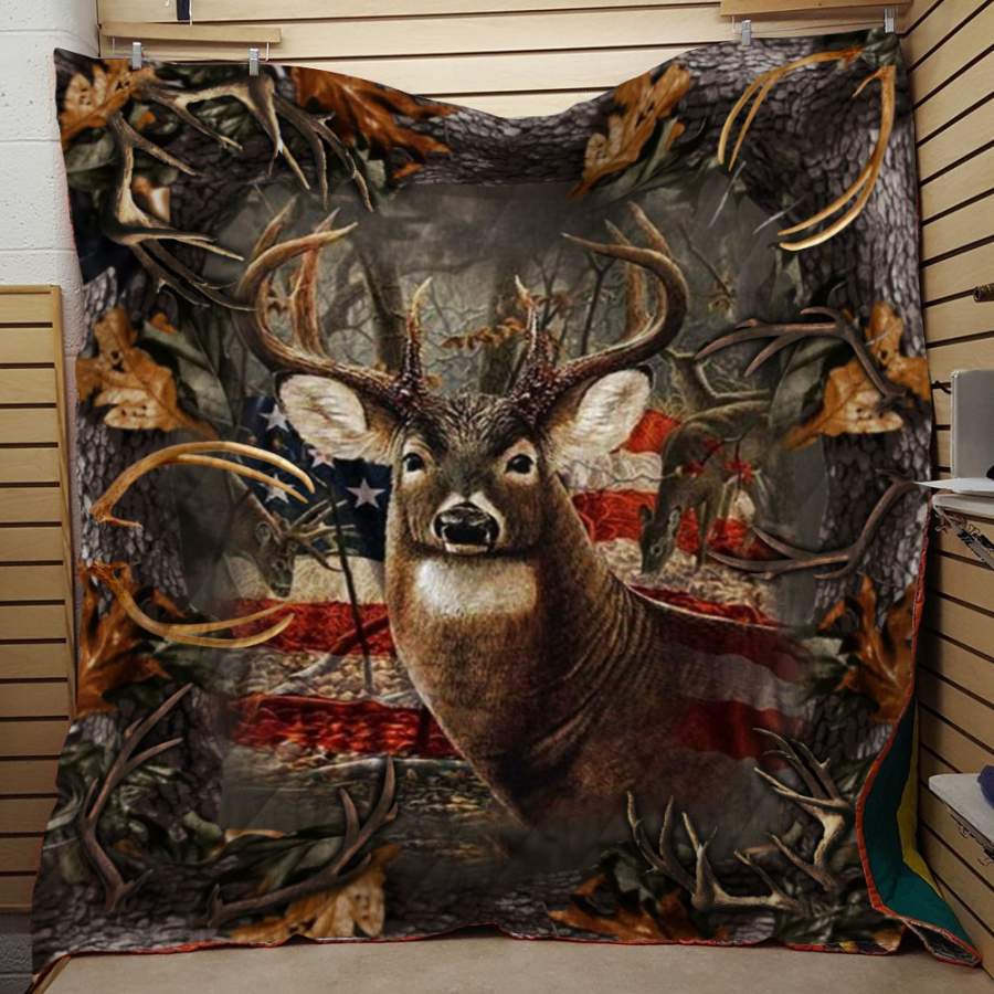 Worozo Quilt Blanket Hunting Deer Hunting America Flag Twin Queen King Size