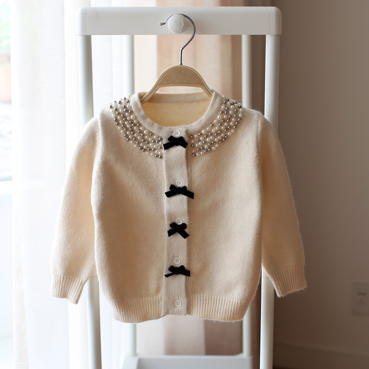 Children Clothing Kids Sweater Knitted Sweater Girls Sweater Beading Neck Girls Autumn Winter Cardigan alx