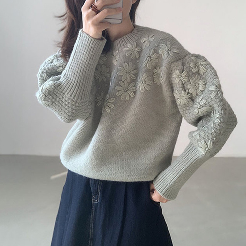 [EWQ] Chic Woman Sweaters O-neck Lantern Sleeve Vintage Knitted Pullovers Tops 3D Embroidery Floral Jumper 2022 Autumn Clothing alx