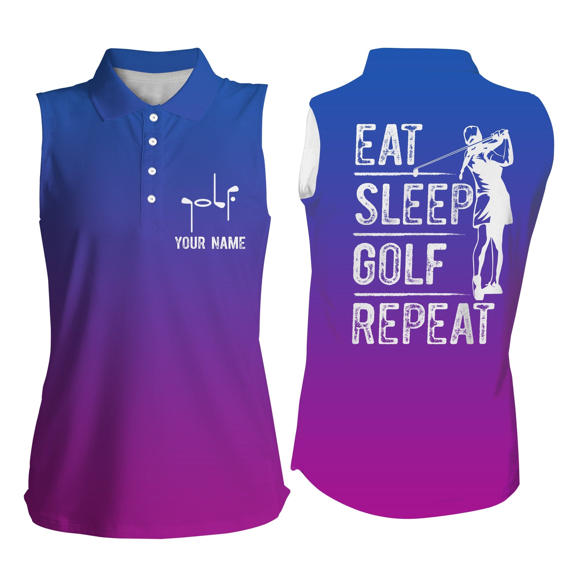 Custom Name Gradient Color Eat Sleep Golf Repeat, Gifts For Golf Lovers, Women’S Sleeveless Polo Shirt