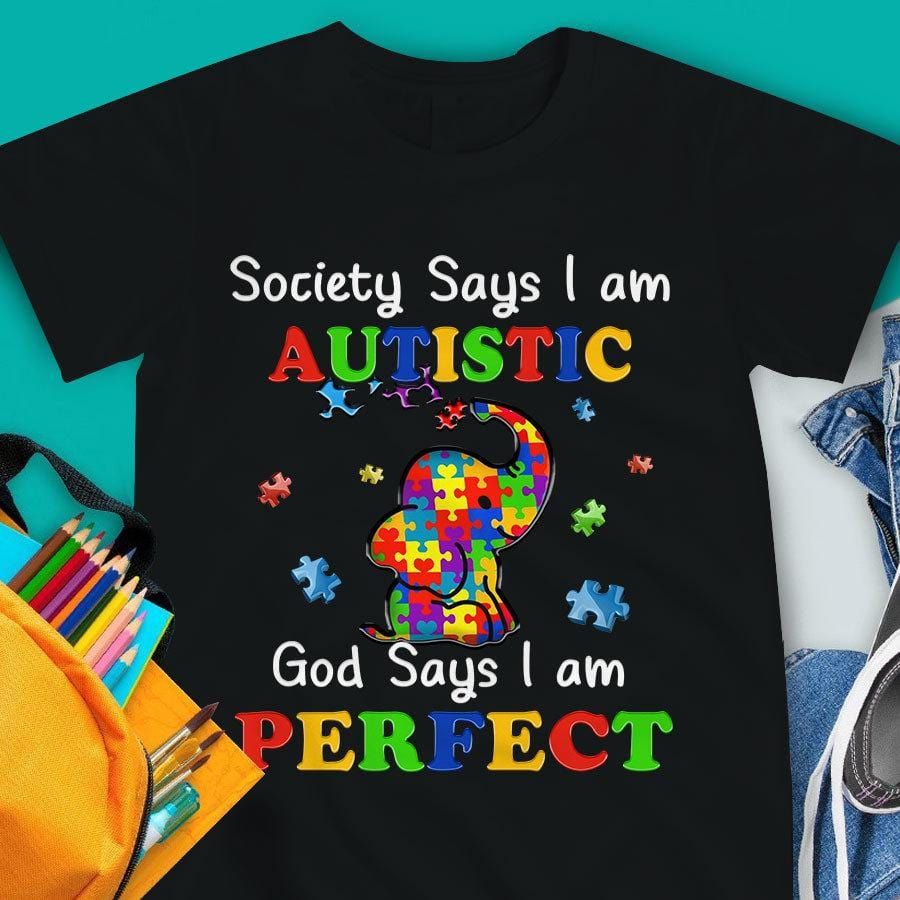 Autism Awareness Shirt For Kids, God Says I Am Perfect, Puzzle Piece Elephant